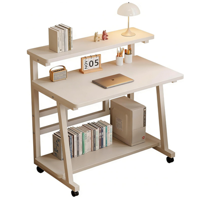 Rolling Desk, 31.5 Inch Small Desks with 3-Layer Storage & Monitor Stand, Compact Home Office Desk, Portable Laptop Table with Wheels for Small Spaces, Mobile Rolling Computer Work Desks - 19.7" x 31.5" x 28.3"/White